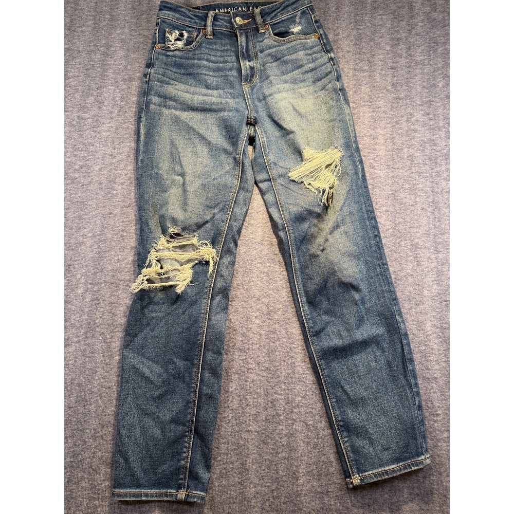 American Eagle Womens Mom Straight Jeans Distressed High Waisted Blue Stretch